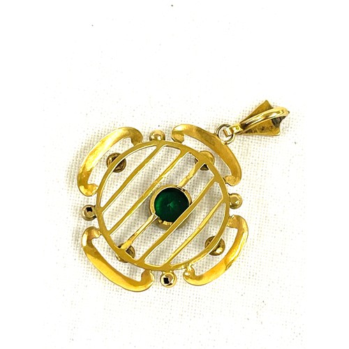 472 - Unmarked 9ct gold Edwardian pendant set with a central green stone and seed pearls, approximate weig... 