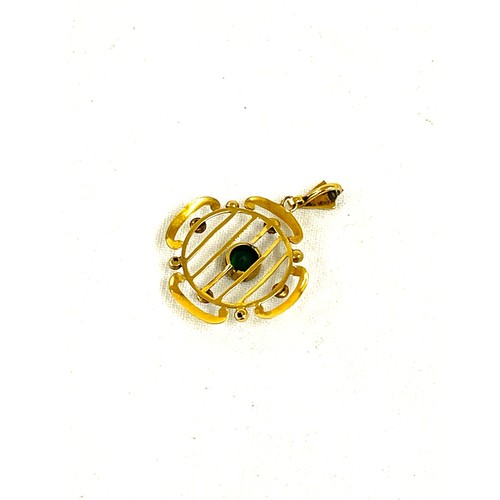 472 - Unmarked 9ct gold Edwardian pendant set with a central green stone and seed pearls, approximate weig... 