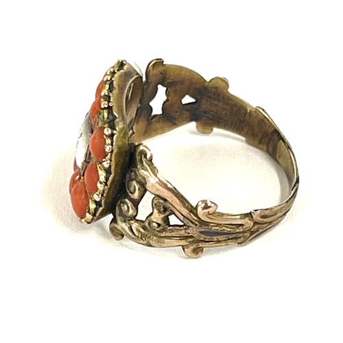 475 - Georgian coral ring with various old repairs, ring size M, approximate weight 3.2g