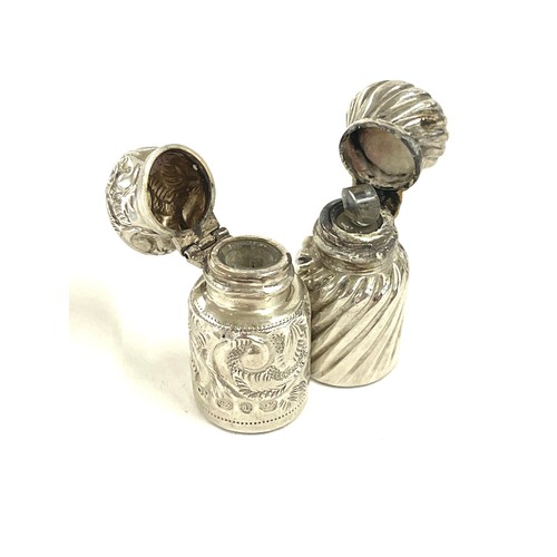 466 - 2 Small Victorian scent bottles, one by maker Charles May & Sons with silver hallmarks for 1892 plus... 