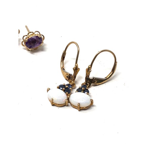 91 - 3 x 9ct gold paired gemstone stud earrings inc.  amethyst & sapphire