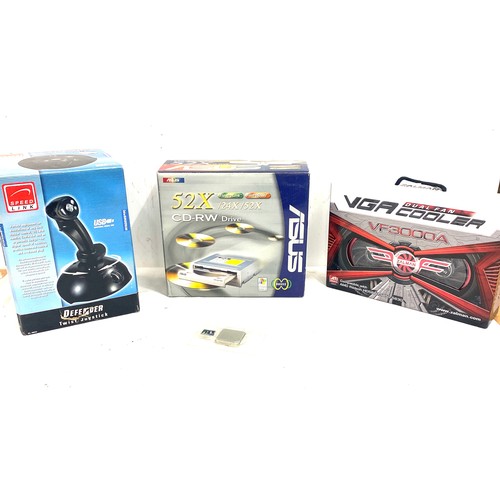 164 - Selection of boxed electricals includes Defender twist joy stick, VGA cooler, Asus CD-RW drive all u... 