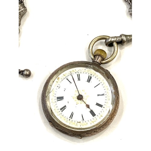 452 - Silver Albertina and silver ladies pocket watch, crack to glass