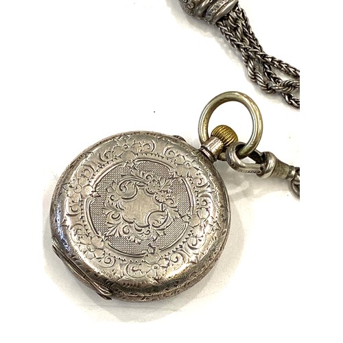 452 - Silver Albertina and silver ladies pocket watch, crack to glass