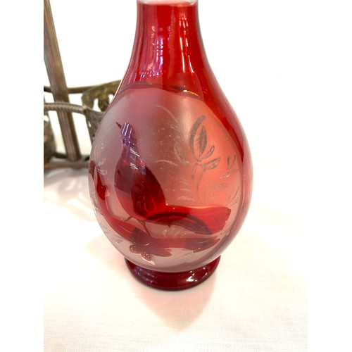 112 - Stand with 2 etched glass ruby vinegar bottles