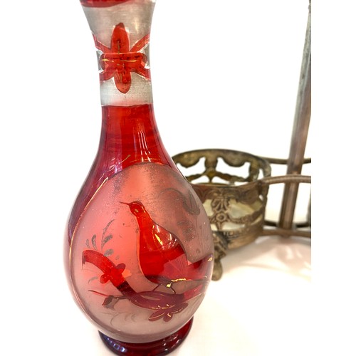 112 - Stand with 2 etched glass ruby vinegar bottles