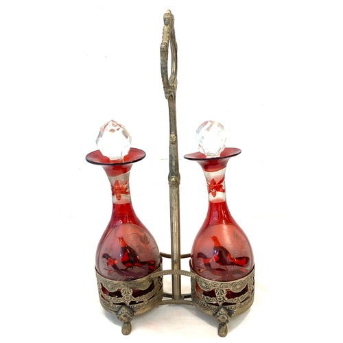 112 - Stand with 2 etched glass ruby vinegar bottles