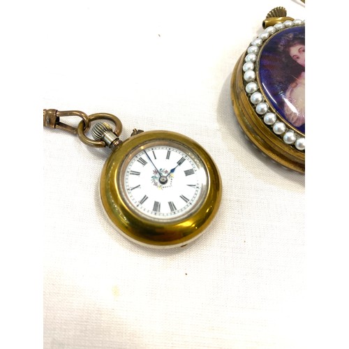 492 - Open faced pocket watch working order yellow metal unmarked, with a ladies half hunter pocket watch ... 