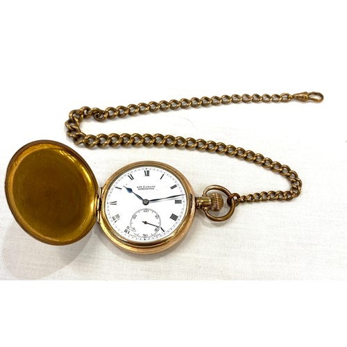 498 - Gold plated full hunter pocket watch with Dennison case and Albert in working order