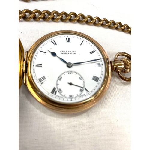 498 - Gold plated full hunter pocket watch with Dennison case and Albert in working order