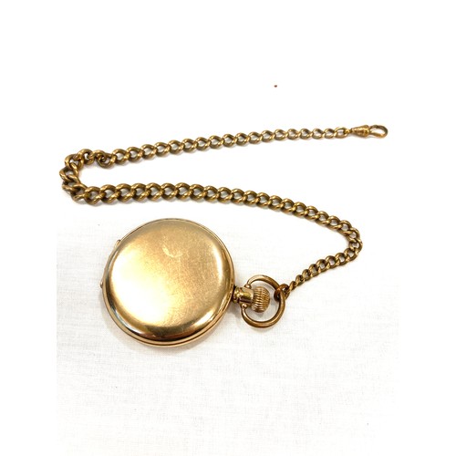 498 - Gold plated full hunter pocket watch with Dennison case and Albert in working order