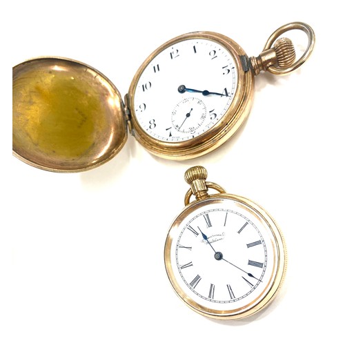 506 - Gold plated full hunter pocket watch in working order and a plus ladies waltham gold plated open fac... 