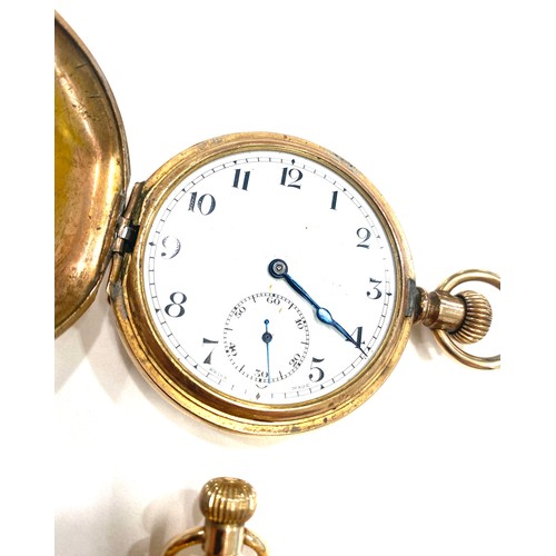 506 - Gold plated full hunter pocket watch in working order and a plus ladies waltham gold plated open fac... 