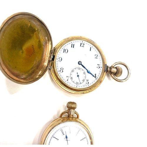 506 - Gold plated full hunter pocket watch in working order and a plus ladies waltham gold plated open fac... 