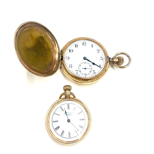 506 - Gold plated full hunter pocket watch in working order and a plus ladies waltham gold plated open fac... 