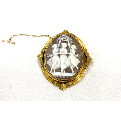 512 - Large pinchbeck swivel cameo of three graces with safety chain 7 cm by 5.5 cm