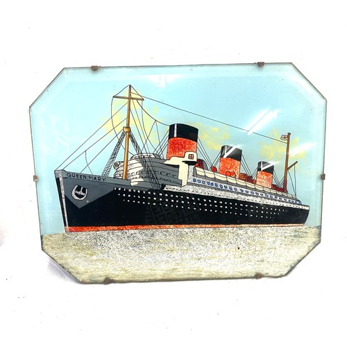 102 - Framed Queen Mary ship art work measures approx 12n inches tall 16 inches wide