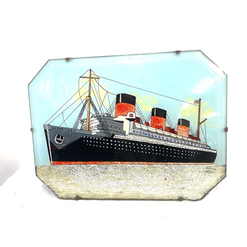 102 - Framed Queen Mary ship art work measures approx 12n inches tall 16 inches wide