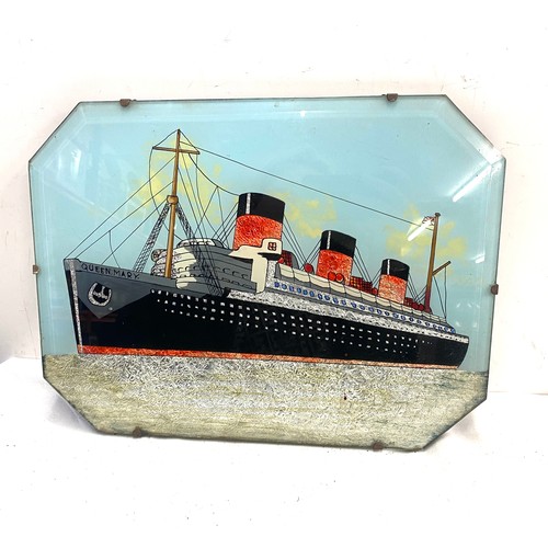 102 - Framed Queen Mary ship art work measures approx 12n inches tall 16 inches wide