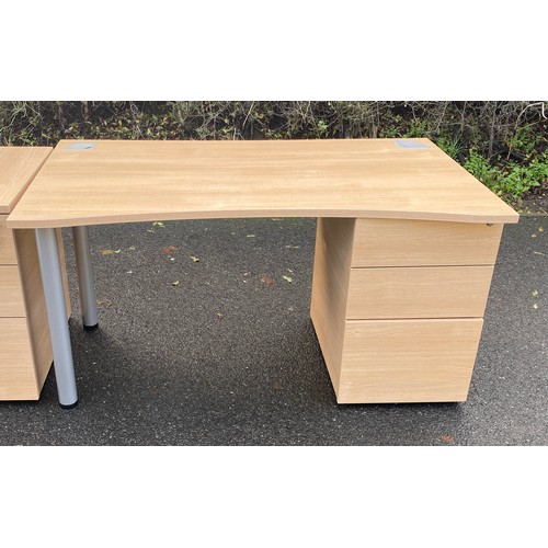 352 - Beech  / maple desk with 3 lockable drawers, approximate measurements: Height 28 inches, Width 55.5 ... 