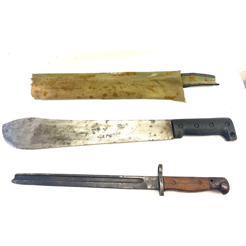 38 - 2 Vintage machetes, a bill hook and a Low II bayonet af