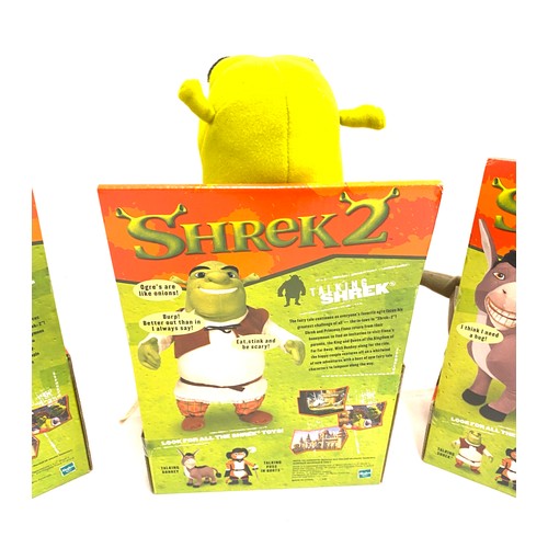 100 - Boxed Shrek 2 talking toys includes, Donkey, Shrek and Puss in boots