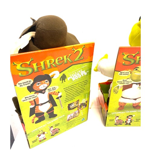 100 - Boxed Shrek 2 talking toys includes, Donkey, Shrek and Puss in boots