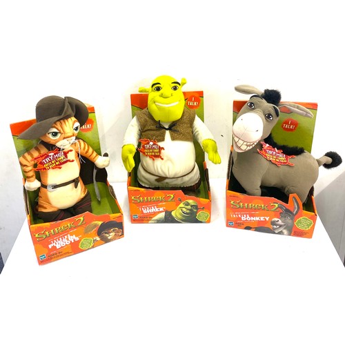 100 - Boxed Shrek 2 talking toys includes, Donkey, Shrek and Puss in boots