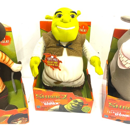 100 - Boxed Shrek 2 talking toys includes, Donkey, Shrek and Puss in boots