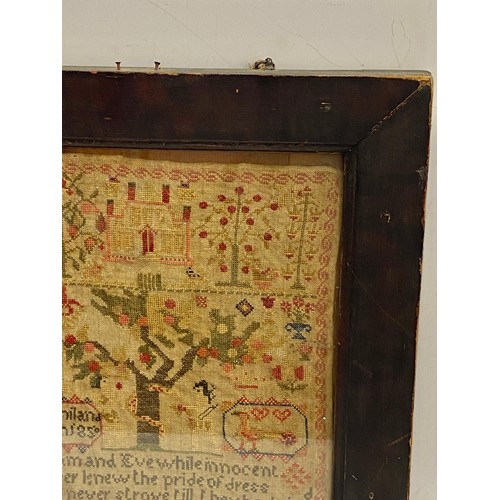 77 - Antique framed sampler Adam and Eve, dated 1850, approximate frame measurements: 17 x 16.5 inches