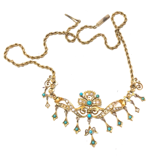 Vintage egyption gold turquoise & seed pearl necklace missing some stones & chain is detached one side so in need of repair weight 11g