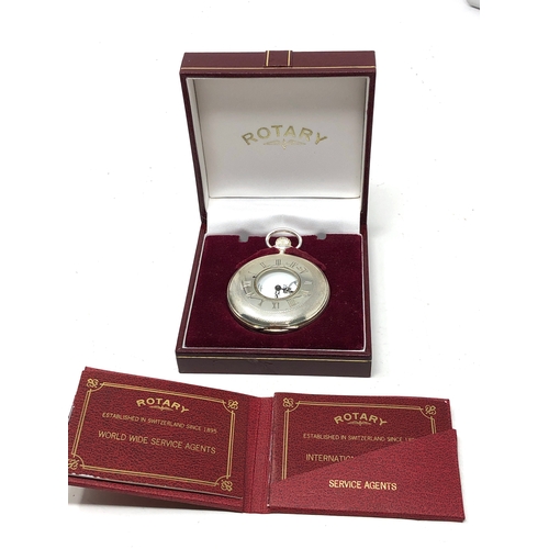 364 - Boxed Rotary Sterling Silver Half Hunter Pocket Watch the watch is ticking original box and booklets