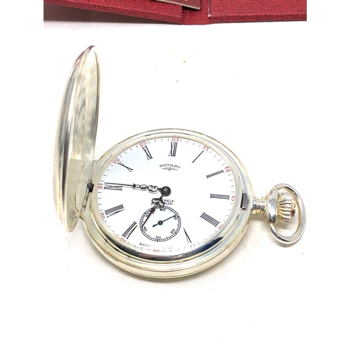 364 - Boxed Rotary Sterling Silver Half Hunter Pocket Watch the watch is ticking original box and booklets