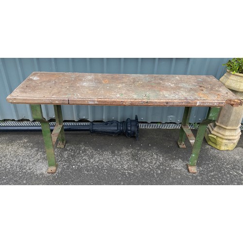 100B - Industrial work bench, wooden top, metal ends, approximate measurements: Height 35 inches, Length 73... 