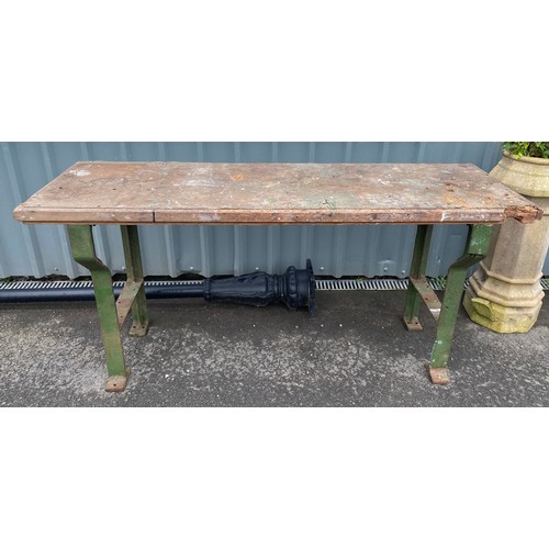 100B - Industrial work bench, wooden top, metal ends, approximate measurements: Height 35 inches, Length 73... 