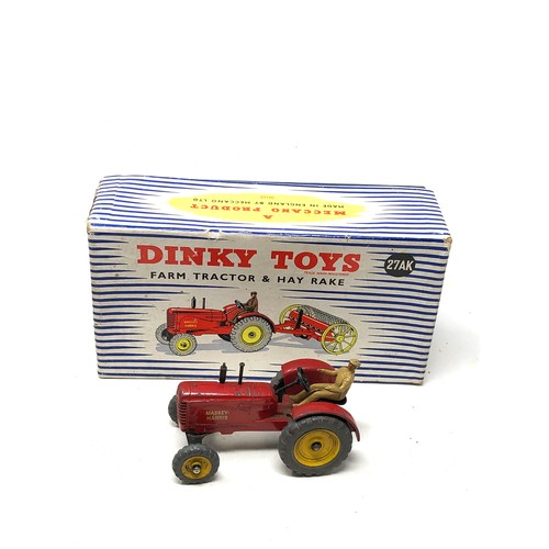 395 - Early original Boxed Dinky toys 27ak massey harris tractor no hay rake