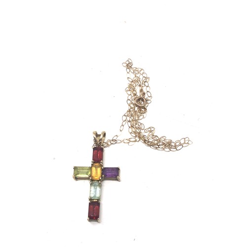 107 - 9ct gold vintage topaz garnet, amethyst, citrine & peridot cross pendant necklace (1.7g)