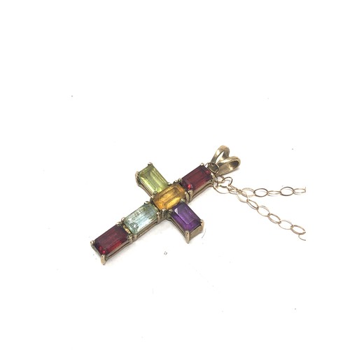 107 - 9ct gold vintage topaz garnet, amethyst, citrine & peridot cross pendant necklace (1.7g)