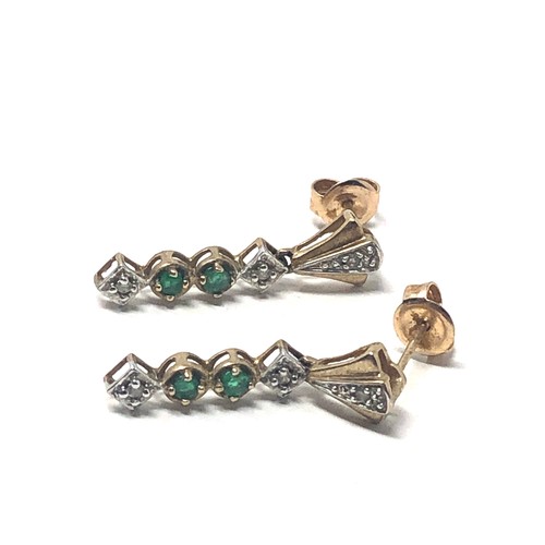 99 - 9ct gold vintage emerald & diamond drop earrings (2g)