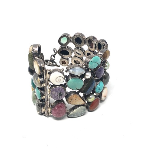 275 - .925 sterling silver gemstone set statement cuff bracelet including turquoise, agate (144g)