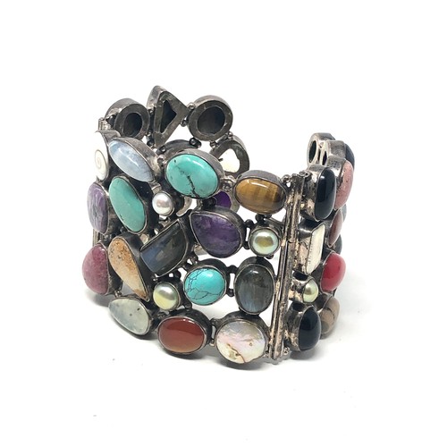 275 - .925 sterling silver gemstone set statement cuff bracelet including turquoise, agate (144g)