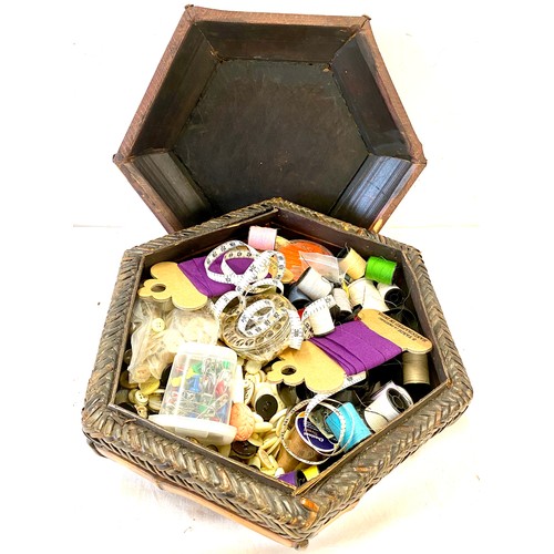 162 - Ornate wooden sewing box with contents, approximate measurements 13 x 11 inches