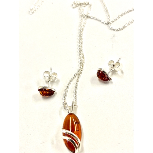 586 - Ladies hallmarked silver necklace and earring set with amber detailing