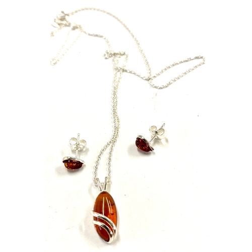 588 - Ladies hallmarked silver necklace and earring set with amber detailing