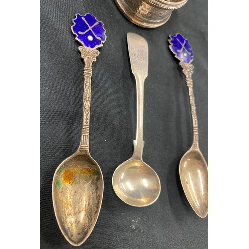 579 - 3 silver and enamel spoons and a silver napkin ring