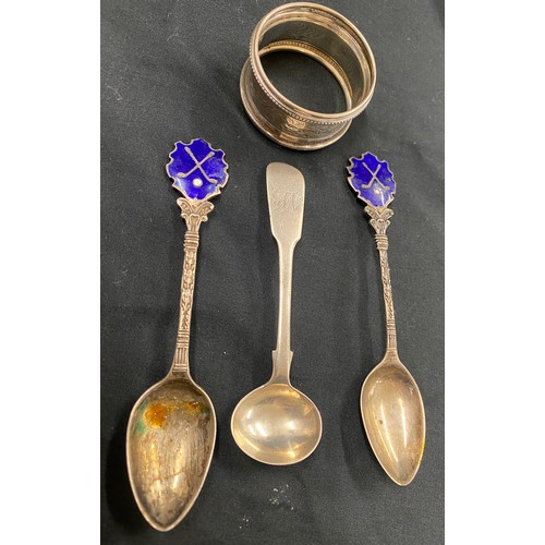 579 - 3 silver and enamel spoons and a silver napkin ring