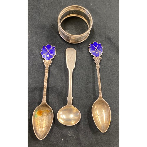 579 - 3 silver and enamel spoons and a silver napkin ring