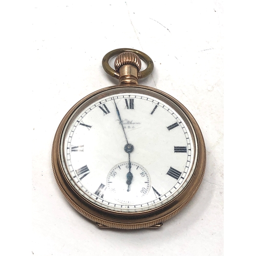 366 - Rolled gold waltham u.s.a open face pocket watch  the watch is ticking