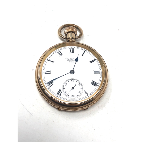 369 - Rolled gold waltham u.s.a open face pocket watch  the watch is ticking