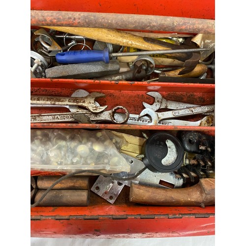 250 - Red metal Halfords tool box with contents to includes spanners, chisels etc